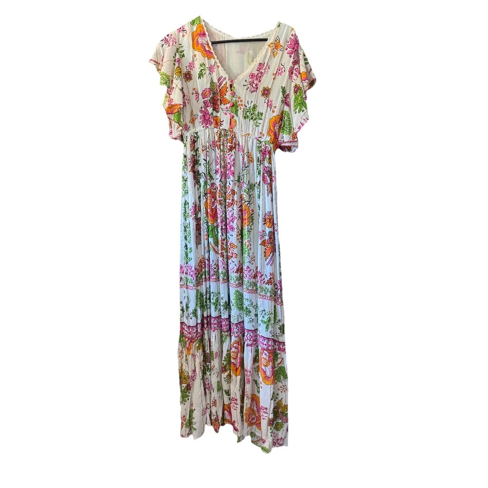 New Me 2 Magic Anthropologie Maxi Dress Sz M Colorful Floral Boho Flutter Sleeve